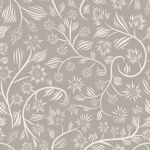 large scale // flowery - cloudy silver taupe_ creamy white - calligraphy floral // 24 inch repeat