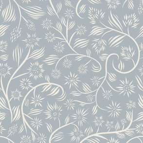 large scale // flowery - creamy white_ french grey blue - calligraphy floral // 24 inch repeat