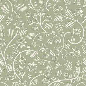 large scale // flowery - creamy white_ light sage green - calligraphy floral // 24 inch repeat
