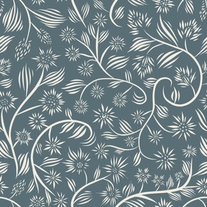 large scale // flowery - creamy white_ marble blue teal - calligraphy floral // 24 inch repeat