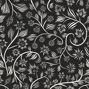 large scale // flowery - creamy white_ raisin black - calligraphy floral // 24 inch repeat