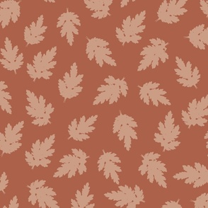Autumnal Falling Leaves in Apricot Orange on Rust Red - Medium Scale