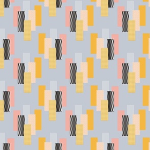 Simple geometric abstract buildings - mustard yellow, pastel blue, white, dark brown and powder blue    // Big scale