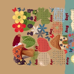 2024 Calendar tea towel, mushroom & gnome garden, wall hanging