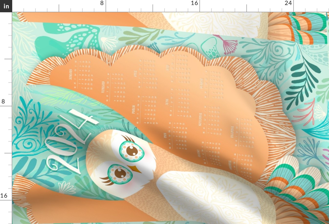 2024 Owl Wing Peach and Mint Calendar Tea Towel