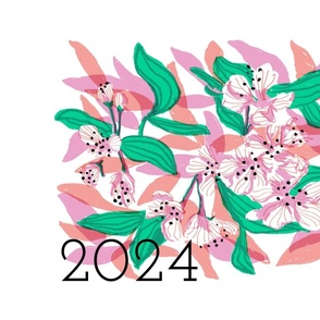 VINTAGE FLORAL HAND DRAWN FLORAL 2024 CALENDAR IN  PINK AND GREEN 