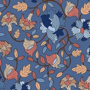 Victorian poppies, blue and orange 