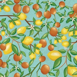 (Size Large) art nouveau citrus fruits and  branches on textured sky blue 