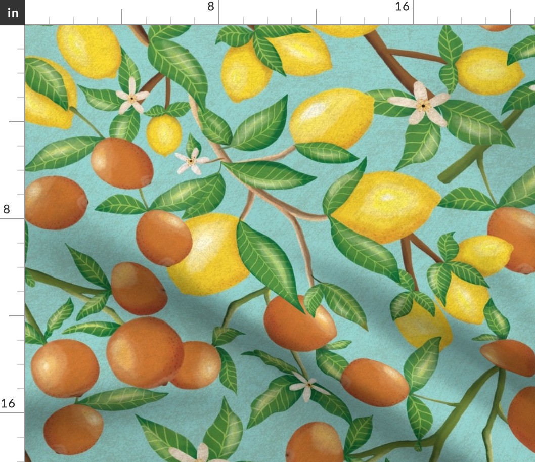 (Size Large) art nouveau citrus fruits and  branches on textured sky blue 