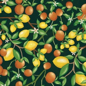 (Size Large) art nouveau citrus fruits and  branches on textured smoky dark green 