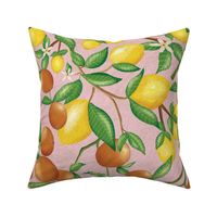 (Size Large) art nouveau citrus fruits and  branches on textured blush pink 