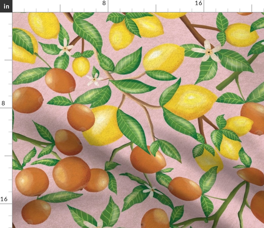 (Size Large) art nouveau citrus fruits and  branches on textured blush pink 