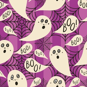 Whimsigothic-ghosts-with-boo-speech-bubbles-on-reddish-purple-vertial-stripes-with-cobwebs-XL-jumbo