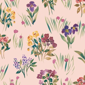 (size large) watercolour wild flowers peachy background 