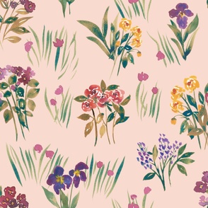 (jumbo) watercolour wild flowers on peachy background wallpaper 