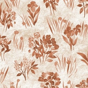 (size small) watercolour wild flowers coffee brown textured 