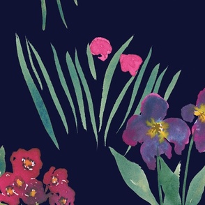 (jumbo) watercolour wild flowers dark navy blue wallpaper 