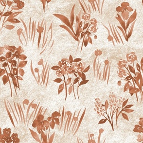 (size large) watercolour wild flowers in coffee brown textured