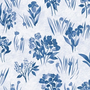 (size large) watercolour wild flowers inky blue textured 