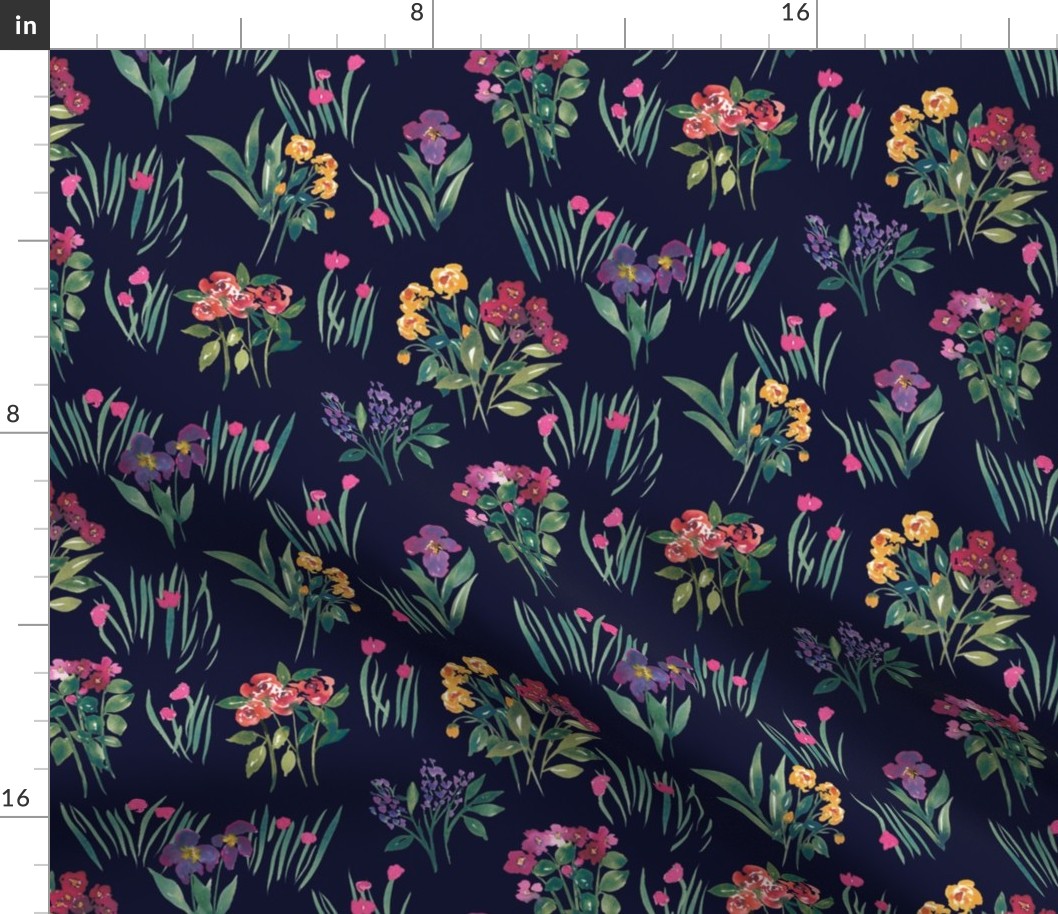 (size small) watercolour wild flowers dark navy blue wallpaper 