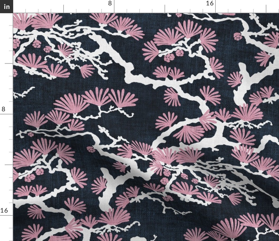 Japanese Pine Tree Chintz - pink on navy blue