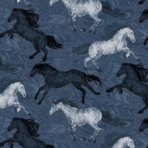 Black and white horses and feathers on dark blue large