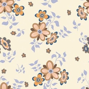 (size small) vintage autumn floral salmon and purple blue on smoky creamy background textured 