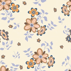 (size large) vintage autumn floral salmon and purple blue on smoky creamy background textured 