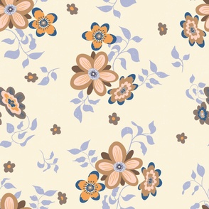 (jumbo) vintage autumn floral salmon and purple blue on smoky creamy background textured wallpaper