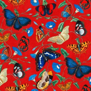 Papillonia - Morning Glory and Butterflies in vermilion red