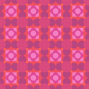 4 petal flower cheater quilt red pink (small - light pink squares 2.5") Contemporary floral  patchwork design featuring a stylized flower.