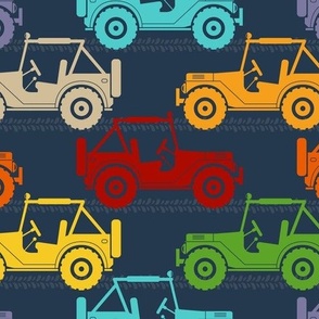 Large Scale 4x4 Adventures Colorful Neutral Rainbow Off Road Jeep Vehicles on Navy