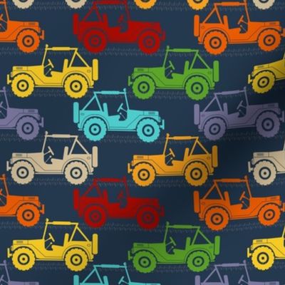 Medium Scale 4x4 Adventures Colorful Neutral Rainbow Off Road Jeep Vehicles on Navy