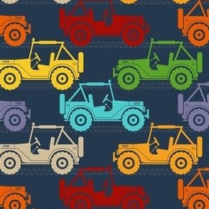 Medium Scale 4x4 Adventures Colorful Neutral Rainbow Off Road Jeep Vehicles on Navy