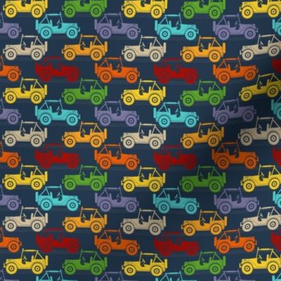 Small Scale 4x4 Adventures Colorful Neutral Rainbow Off Road Jeep Vehicles on Navy