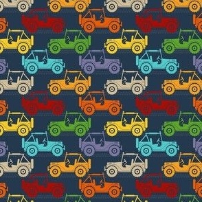 Small Scale 4x4 Adventures Colorful Neutral Rainbow Off Road Jeep Vehicles on Navy