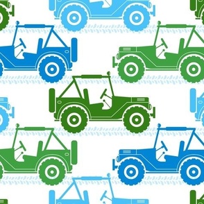 Large Scale 4x4 Adventures Off Road Jeep Vehicles Green and Blue on White