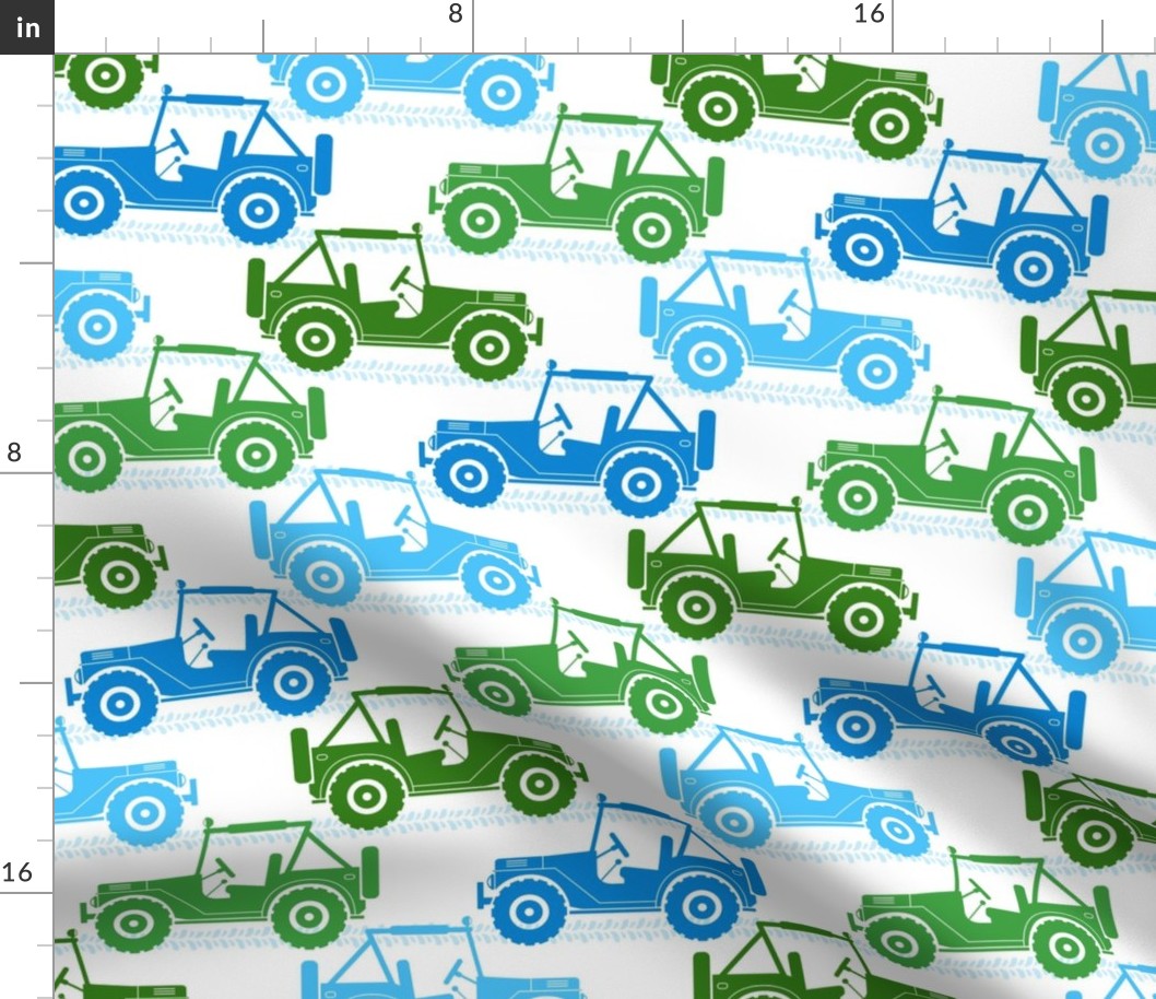 Large Scale 4x4 Adventures Off Road Jeep Vehicles Green and Blue on White