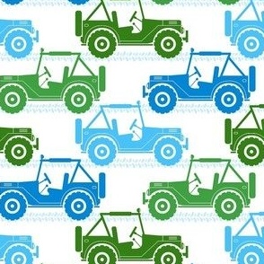 Medium Scale 4x4 Adventures Off Road Jeep Vehicles Green and Blue on White
