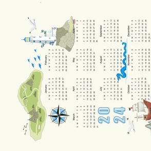 Adventurous 2024 calendar with islands and lighthouses , tea towel - English
