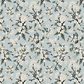 Flowers and Bees ONLY - MEDIUM - Linen Texture - Blue