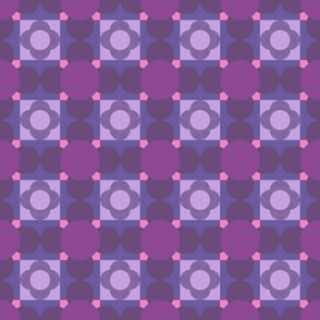 4 petal flower cheater quilt purple (small -  purple  squares 2.5") Contemporary floral  patchwork design featuring a stylized flower.