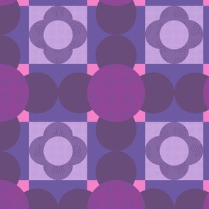 4 petal flower cheater quilt purple  (larger - purple squares 5") Contemporary floral  patchwork design featuring a stylized flower.