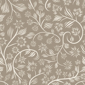 large scale // flowery - creamy white_ khaki brown - calligraphy floral // 24 inch repeat