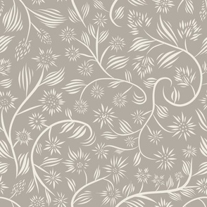 medium scale //flowery - cloudy silver taupe_ creamy white - calligraphy floral // 12 inch repeat