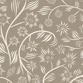 medium scale //flowery - creamy white_ khaki brown - calligraphy floral // 12 inch repeat
