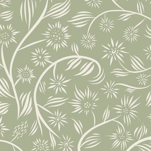 medium scale //flowery - creamy white_ light sage green - calligraphy floral // 12 inch repeat