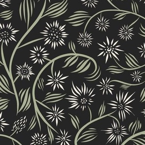 medium scale //flowery - creamy white_ light sage green_ raisin black - calligraphy floral // 12 inch repeat