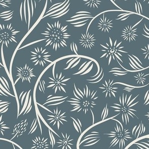 medium scale //flowery - creamy white_ marble blue teal - calligraphy floral // 12 inch repeat