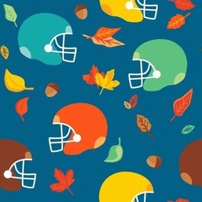 Football Helmets Autumn Fall Leaves on Blue SMALL